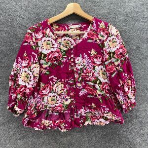 Mila Blouse Women M Medium Pink Floral V-Neck Long Sleeve Button Rayon Casual